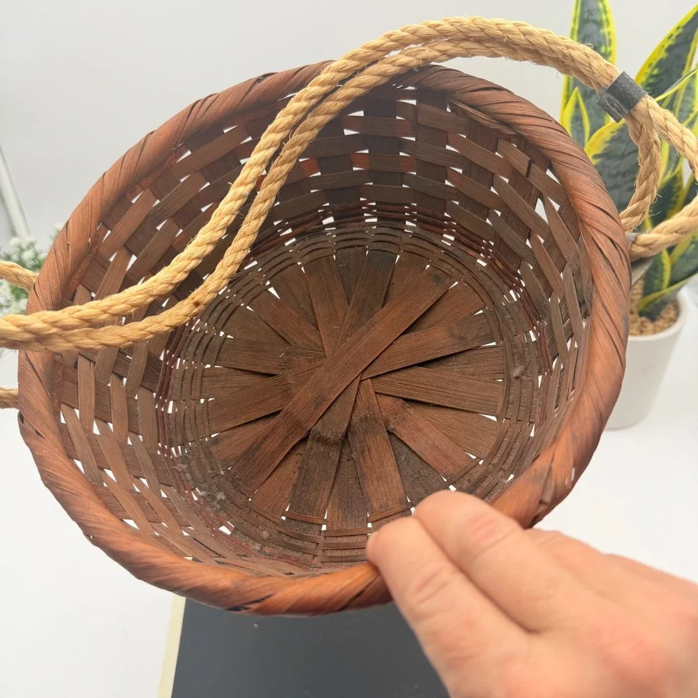 Vintage Woven Bamboo Basket with Rope Handles Made in Japan Dark Reddish Brown